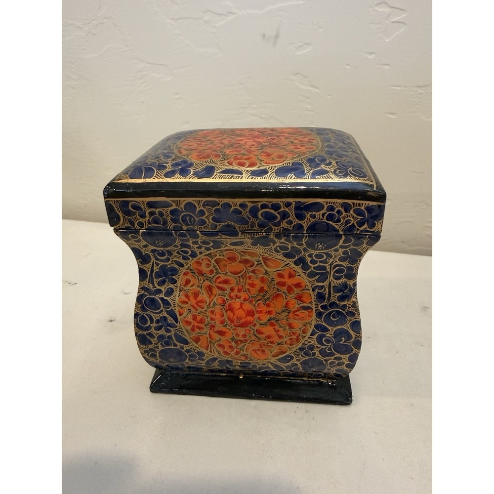 Vintage Papier Mache Enamel Box w Lid Ornate Letter Storage Keepsakes Small Blk